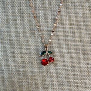 Gold Plated Cherry Pendant Necklace with Red and Green Accents